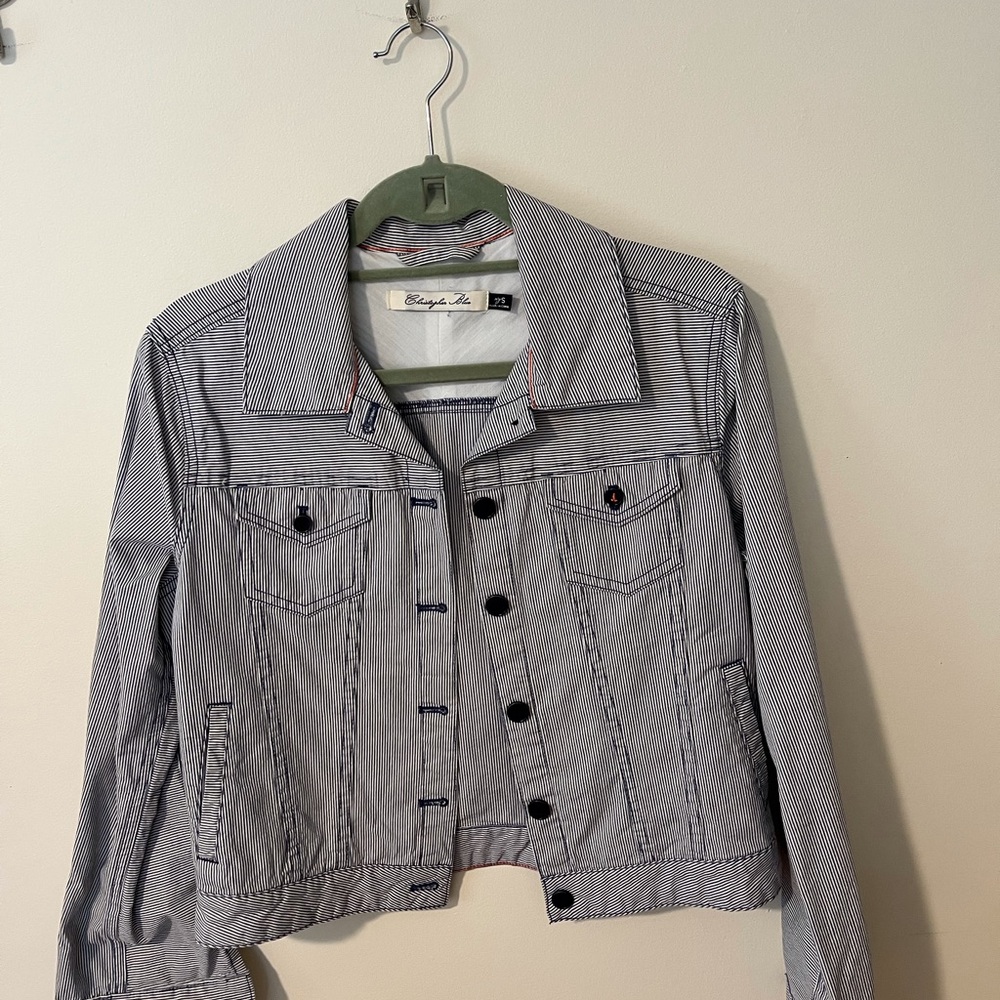 Christopher Blue Jean Jacket Blue and White Cropped Style